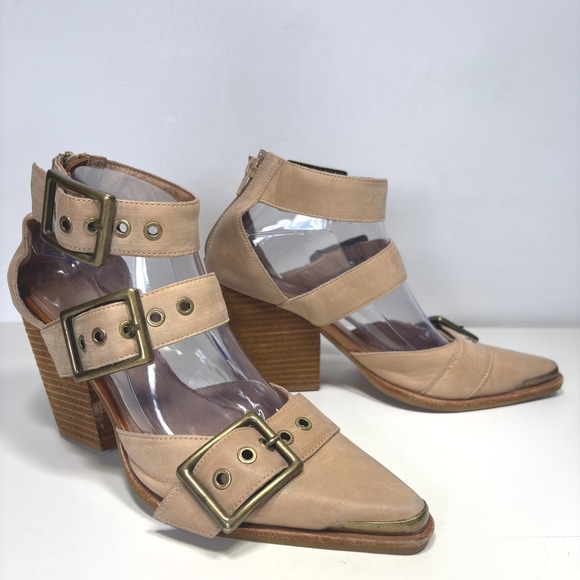Free People x Jeffrey Campbell Nude Leather Strappy Block Heel Booties Size 8 - Picture 2 of 13
